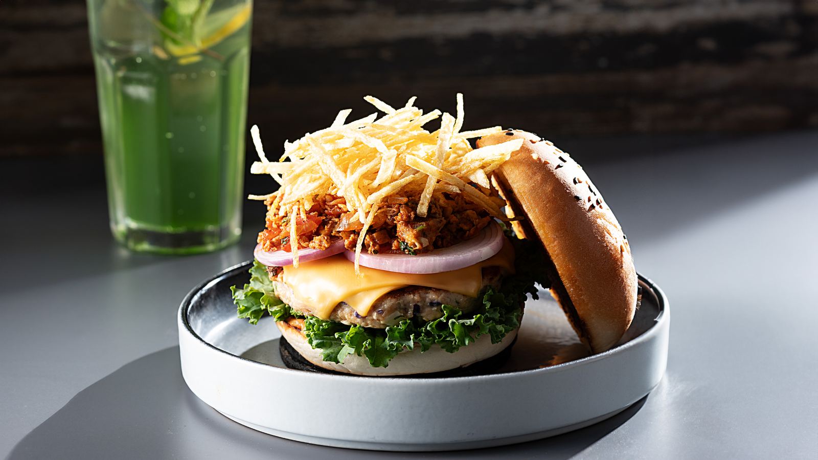Parsi Bawa Chicken Burger with fries and a shake