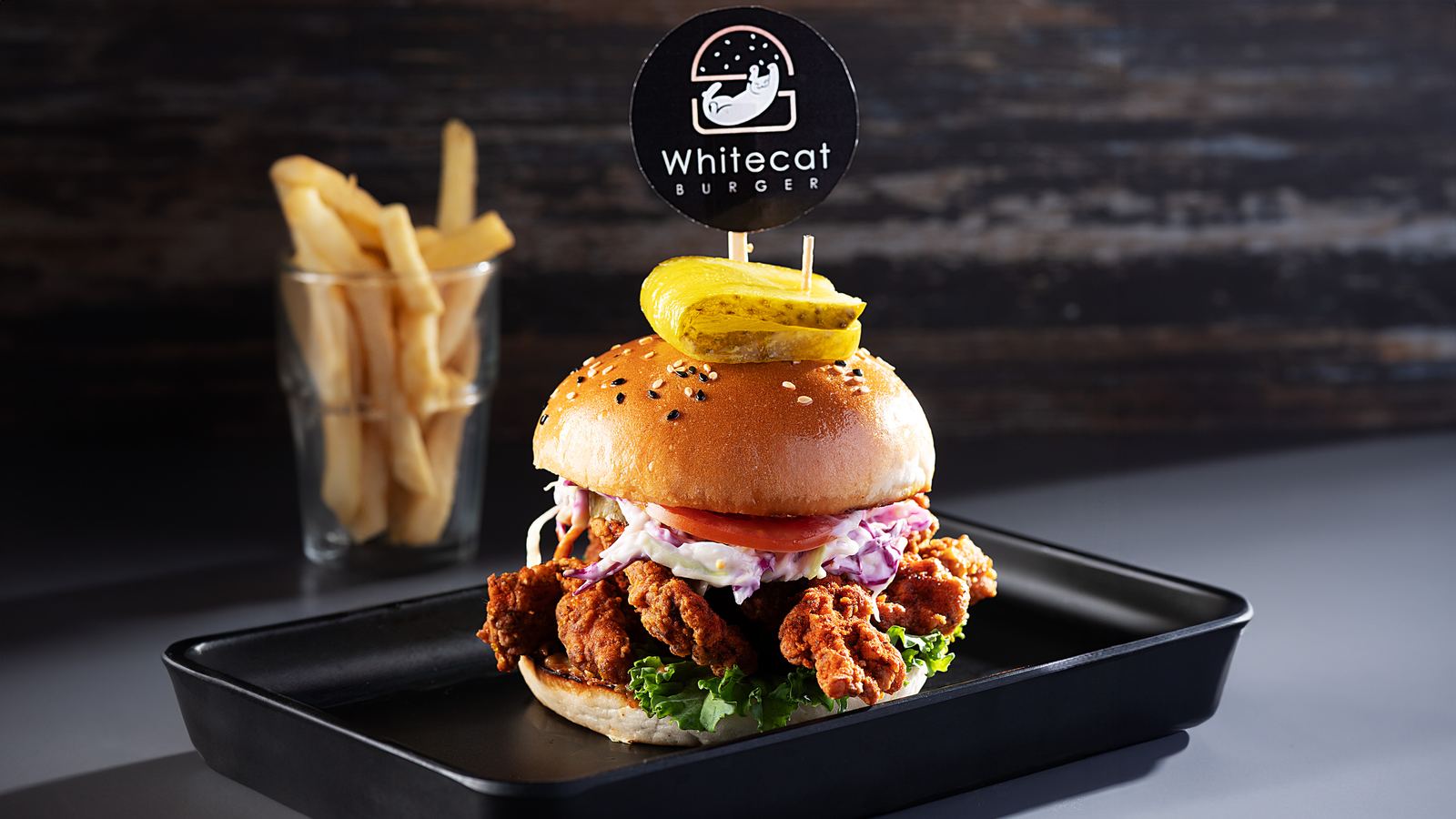 Sriracha Chicken Burger with fries
